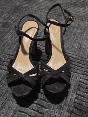 SCHUTZ Black Suede Crisscross Ankle Strap Platform Heels